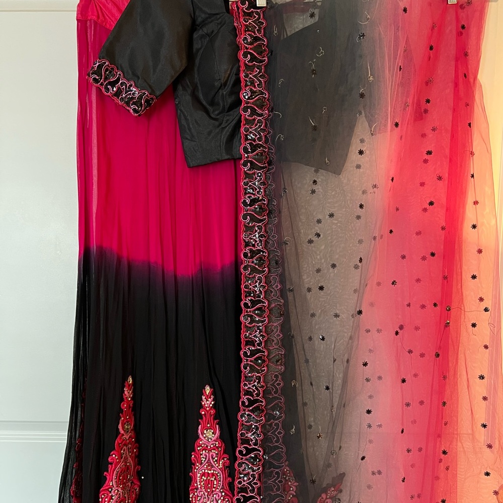 Women's Black & Hot Pink Ombre Maxi Dress with Embroidered Trim